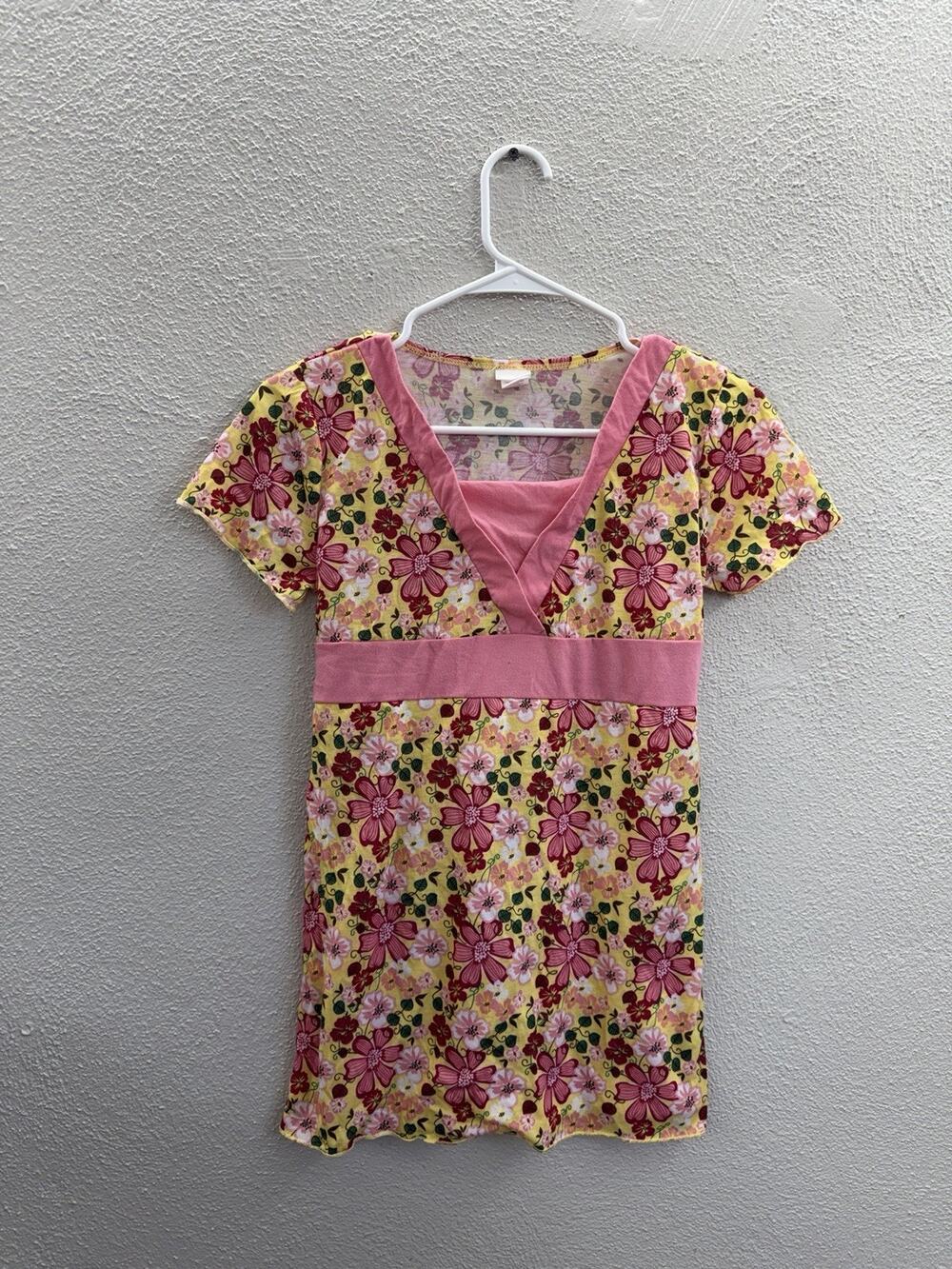 Xhilaration Childrens Girls Shirt Size XL Pink Yellow Floral Short Sleeve Y2K